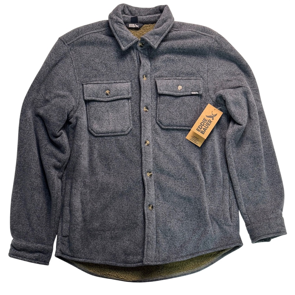 Eddie Bauer Sparrow Fleece Shirt Jacket Gray Sherpa Lined Mens Medium shacket